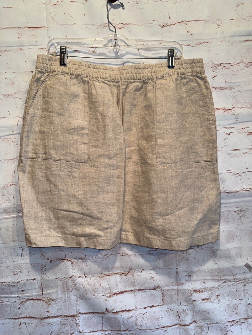 Garnet Hill 14 Beige Linen Elastic Waist Skirt Front Pockets lightweight knee